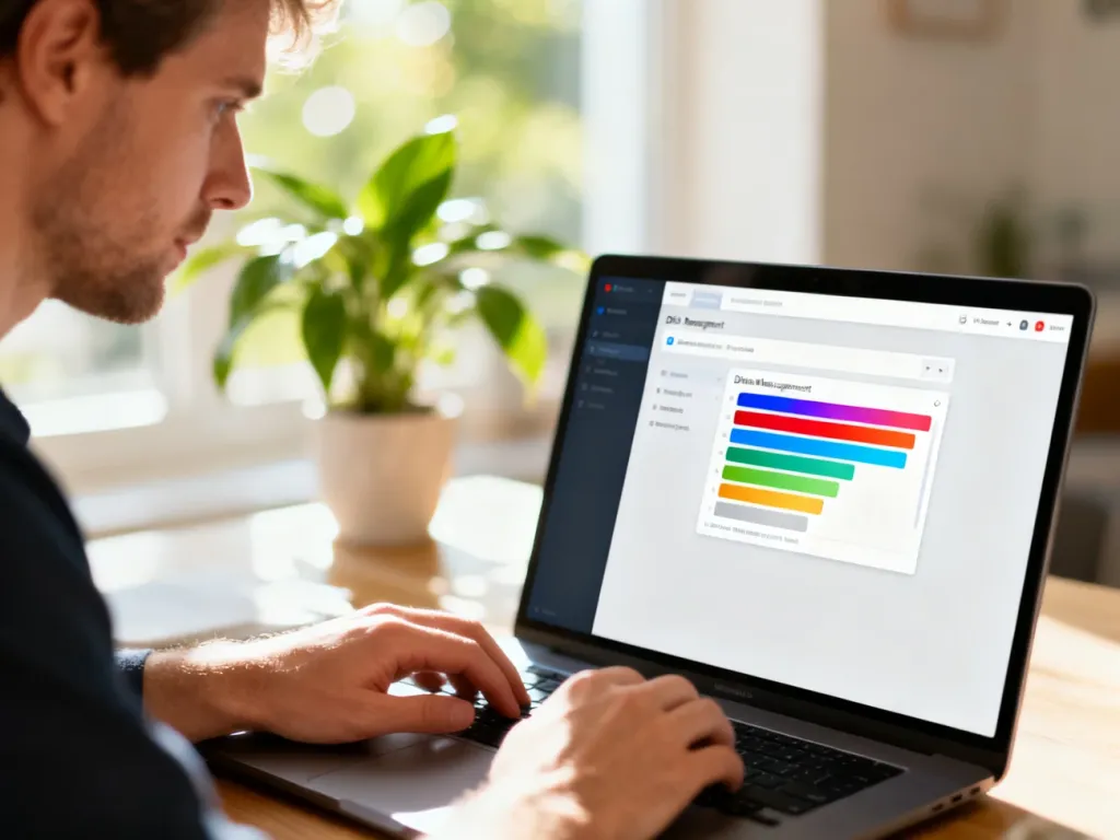 Dłonie obsługujące laptopa z otwartym oknem zarządzania dyskami w systemie Windows 11.