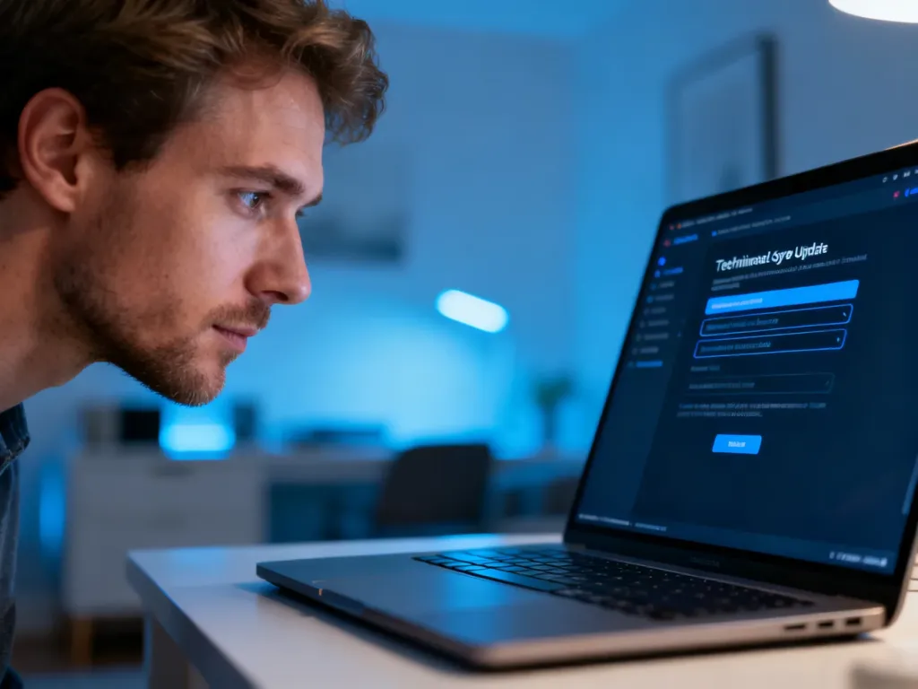 Mężczyzna skupiony na ekranie nowoczesnego laptopa podczas konfigurowania ustawień aktualizacji systemu Windows 11.