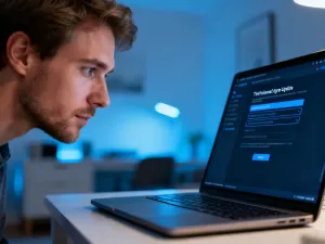 Mężczyzna pracujący przy laptopie, nad którym unosi się ikona kłódki, symbolizująca zabezpieczenie folderu hasłem.