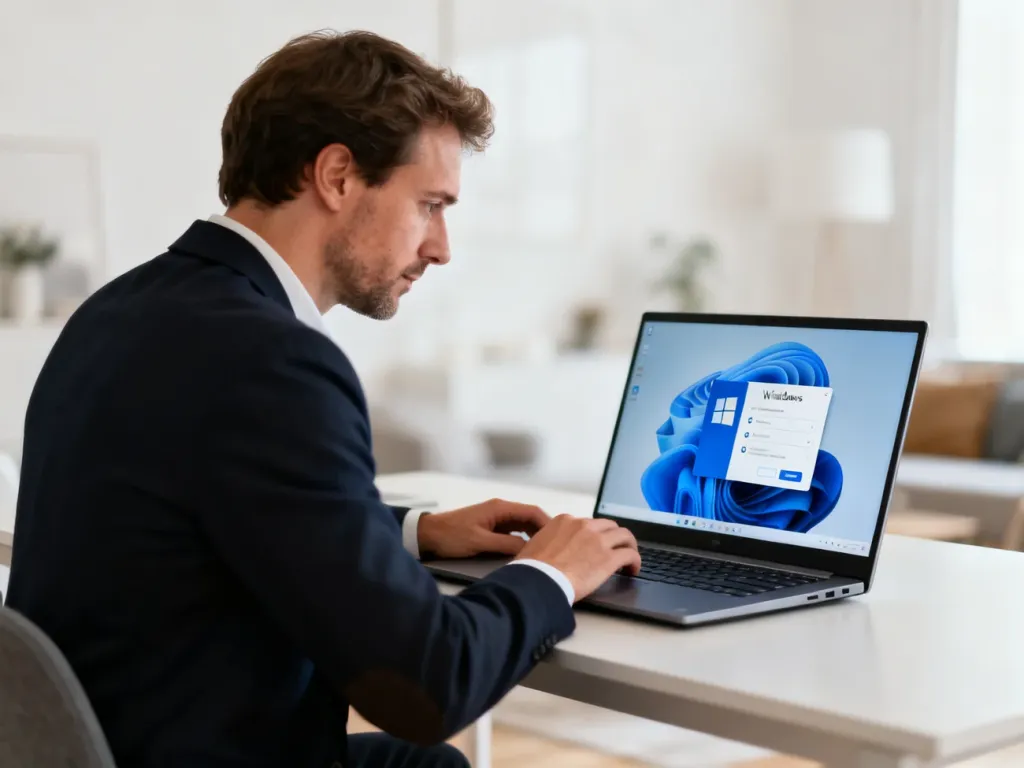 Mężczyzna przy biurku konfigurujący ustawienia systemu Windows 11 na laptopie w nowoczesnym biurze domowym.