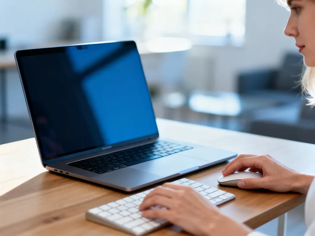 Otwarty laptop na drewnianym biurku z bezprzewodową myszką i klawiaturą, ilustrujący pracę z urządzeniami Bluetooth.