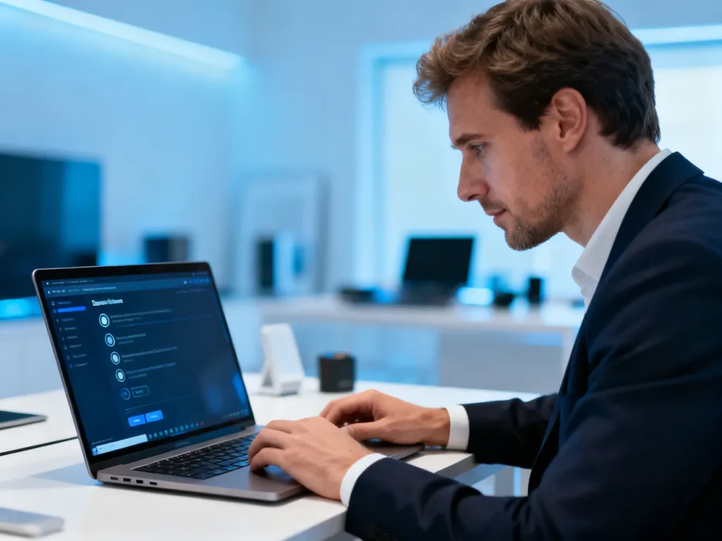 Mężczyzna przy biurku sprawdza ustawienia systemowe na laptopie, weryfikując kompatybilność komputera z Windows 11.