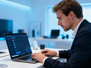 Kobieta dostosowuje ustawienia paska zadań na pulpicie systemu Windows 11 w nowoczesnym biurze.