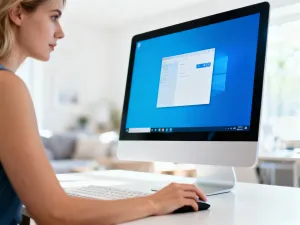 Dłonie osoby pracującej na nowoczesnym laptopie z niebieskim interfejsem systemu w jasnym, minimalistycznym biurze.