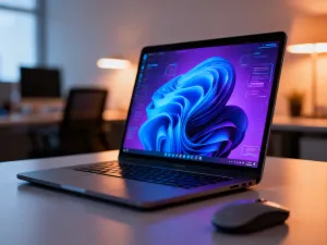 Zatroskany mężczyzna rozwiązujący problem z błędem systemowym na ekranie laptopa w domowym biurze.