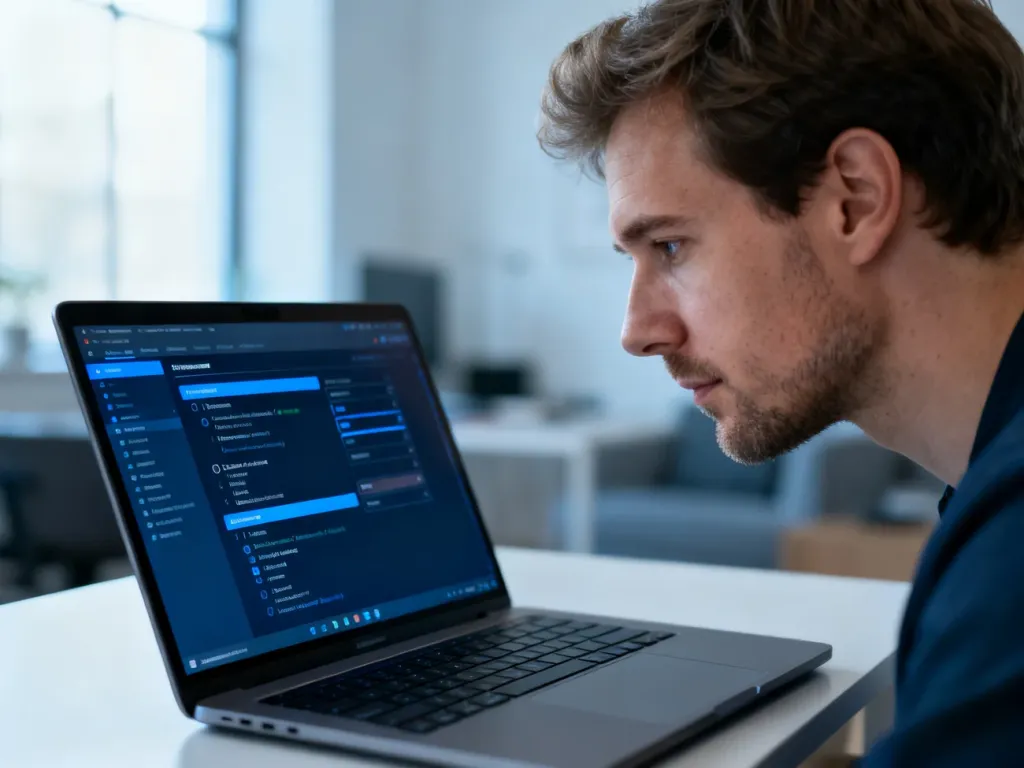 Mężczyzna sprawdza parametry techniczne komputera na ekranie laptopa w nowoczesnym biurze.