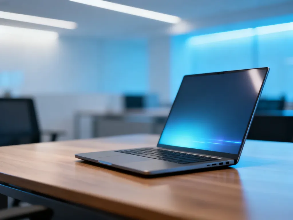 Nowoczesny laptop na biurku w minimalistycznym biurze, symbolizujący gotowość sprzętu do obsługi systemu Windows 11.