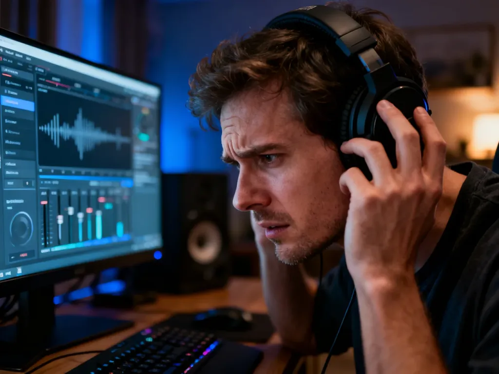 Zirytowany mężczyzna w słuchawkach przed monitorem z ustawieniami dźwięku, próbujący rozwiązać problem z brakiem audio w systemie.