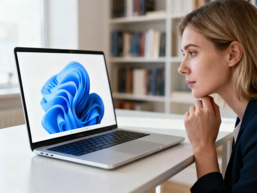 Kobieta pracująca przy nowoczesnym laptopie w jasnym biurze, symbolizująca korzystanie z systemu Windows 11.