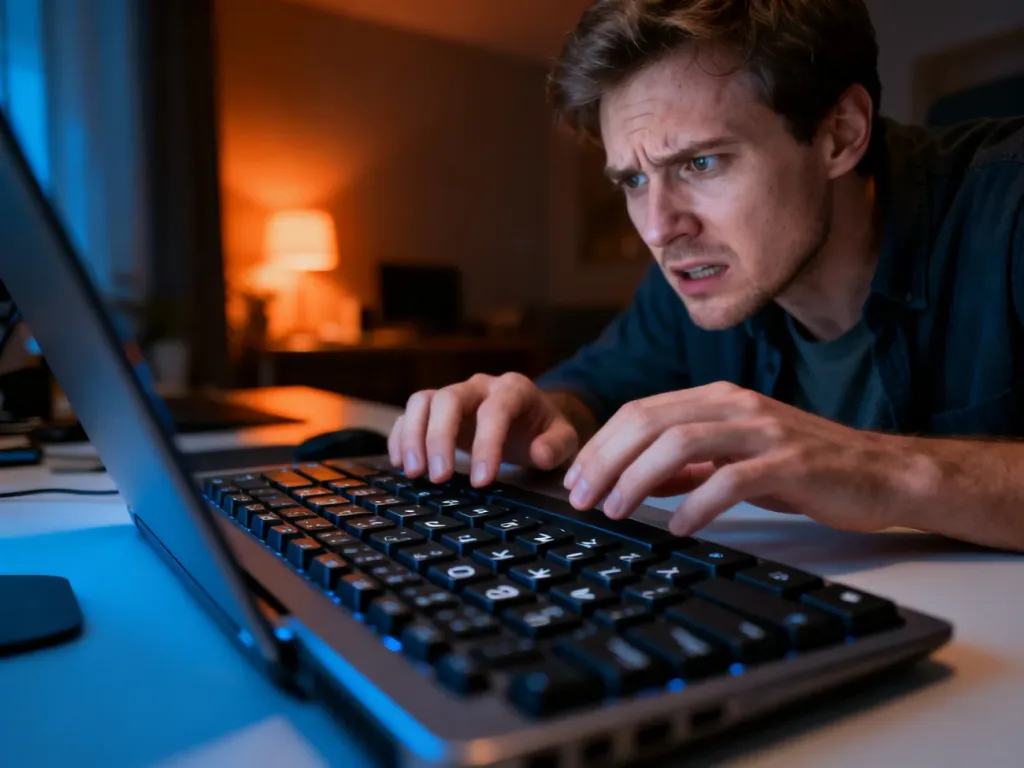 Zirytowany użytkownik patrzy na ekran laptopa, próbując rozwiązać problem z niedziałającym klawiszem na klawiaturze.