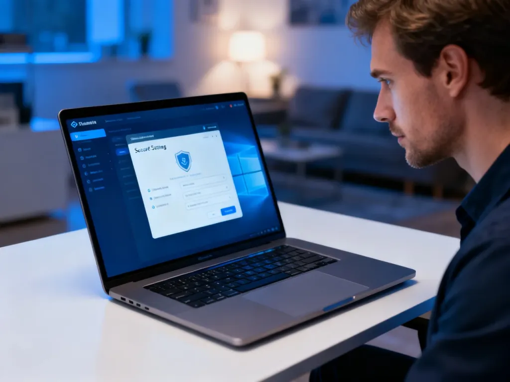 Mężczyzna przy laptopie w nowoczesnym biurze, konfigurujący ustawienia zabezpieczeń systemu Windows 11.