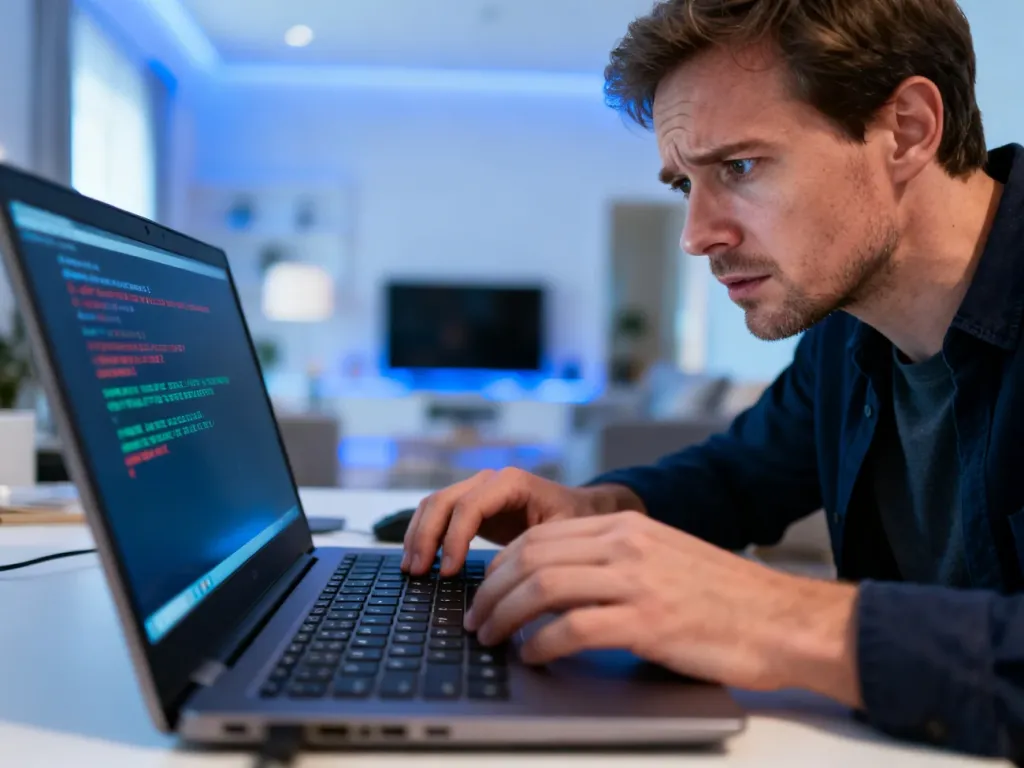 Zatroskany mężczyzna rozwiązujący problem z błędem systemowym na ekranie laptopa w domowym biurze.