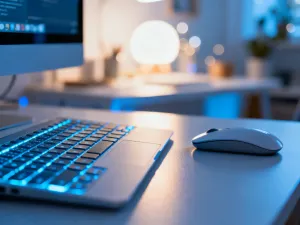 Dłonie obsługujące laptopa z otwartym oknem zarządzania dyskami w systemie Windows 11.