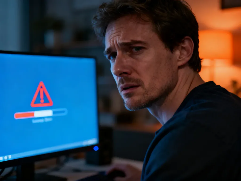 Zirytowany mężczyzna przed monitorem z błędem ładowania systemu, ilustrujący problemy z instalacją Windows 11.