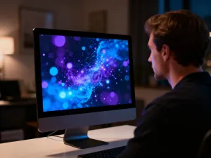 Otwarty laptop na drewnianym biurku z bezprzewodową myszką i klawiaturą, ilustrujący pracę z urządzeniami Bluetooth.