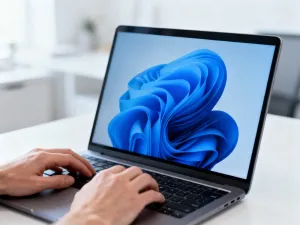Dłonie użytkownika na klawiaturze nowoczesnego laptopa podczas wykonywania zrzutu ekranu w systemie Windows 11.