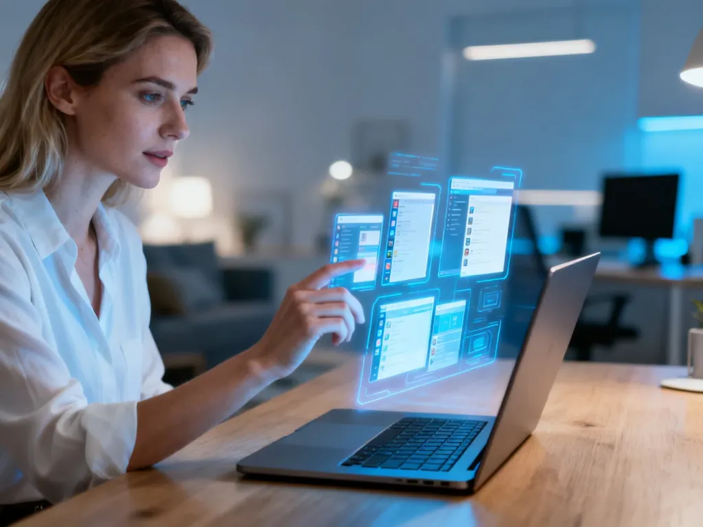 Kobieta korzystająca z wirtualnych pulpitów na hologramie, ilustrująca pracę wielozadaniową w systemie Windows 11.