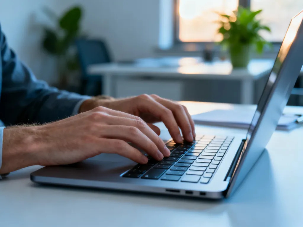 Dłonie osoby pracującej na nowoczesnym laptopie w jasnym, minimalistycznym biurze.