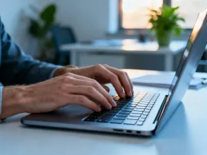 Kobieta pracująca przy nowoczesnym laptopie w jasnym biurze, symbolizująca korzystanie z systemu Windows 11.