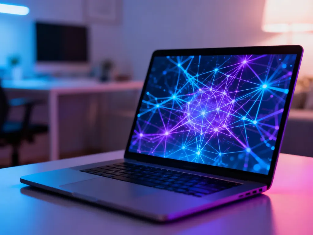Nowoczesny laptop z wyświetloną cyfrową siecią neuronową w futurystycznym biurze, symbolizujący innowacje w systemie Windows.