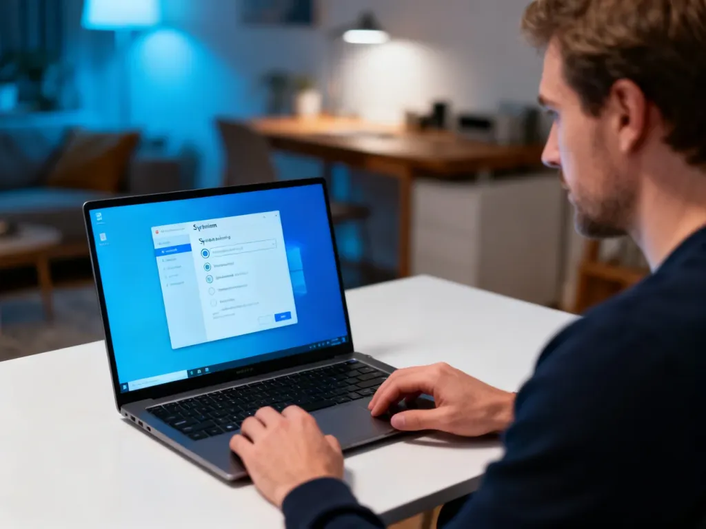 Mężczyzna przy biurku konfiguruje ustawienia systemu na laptopie w domowym biurze.