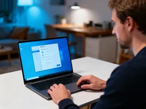 Kobieta korzystająca z wirtualnych pulpitów na hologramie, ilustrująca pracę wielozadaniową w systemie Windows 11.