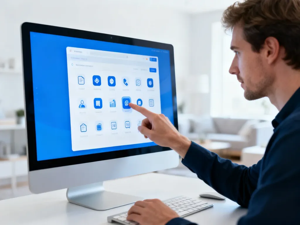 Mężczyzna wskazuje na ekran komputera, prezentując sposób porządkowania ikon na pulpicie w systemie Windows 11.