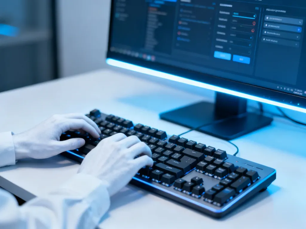 Dłonie piszące na klawiaturze mechanicznej przy biurku z włączonym monitorem w tle.