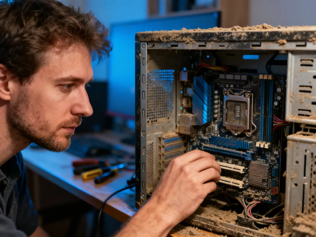 Mężczyzna montuje nowoczesną płytę główną wewnątrz starej obudowy komputera, przygotowując sprzęt do instalacji systemu.