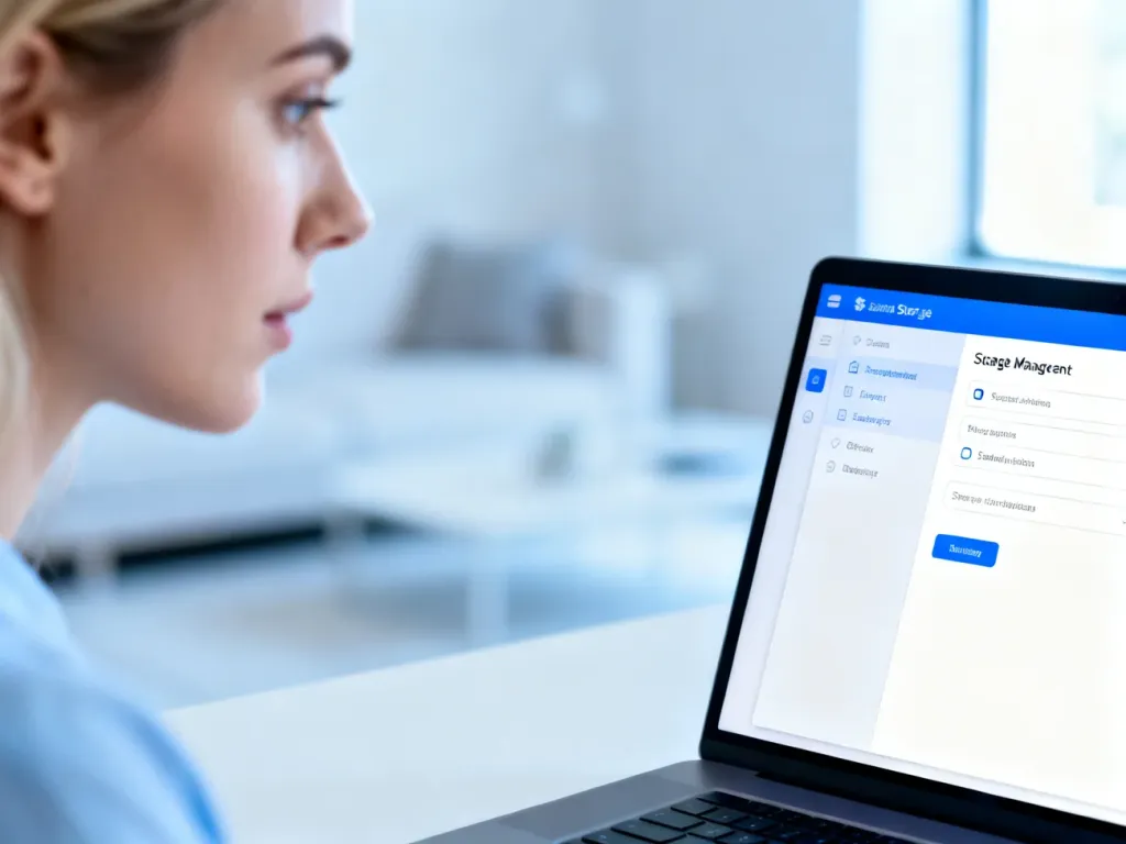 Kobieta przy biurku z laptopem wyświetlającym ustawienia zarządzania pamięcią masową w systemie Windows 11.