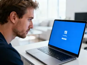 Mężczyzna przy biurku instalujący system operacyjny na nowoczesnym laptopie w domowym biurze.