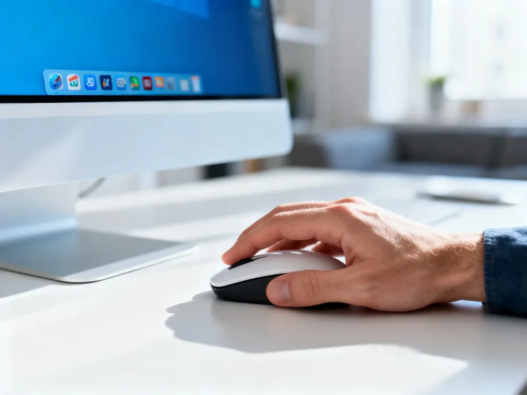 Dłoń użytkownika klikająca myszką ikonę na pulpicie systemu Windows 11 w nowoczesnym biurze.