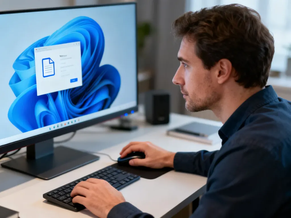 Dłonie użytkownika klikające ikonę pliku na pulpicie systemu Windows 11 w celu zmiany jego ustawień.