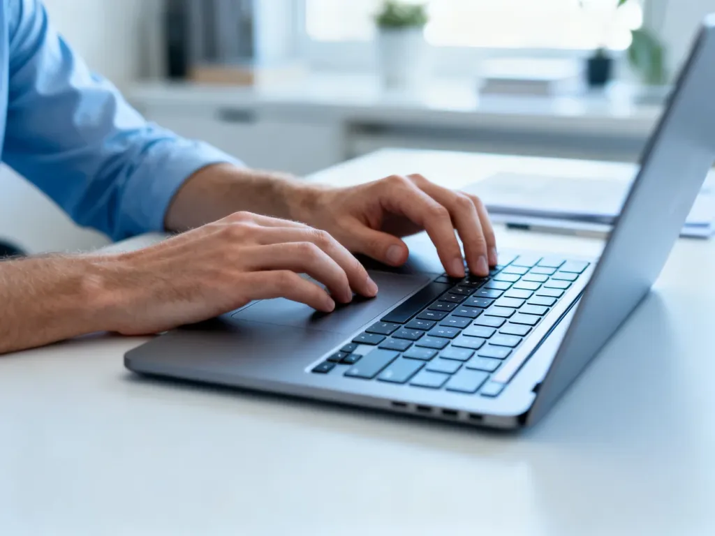 Dłonie obsługujące touchpad i klawiaturę nowoczesnego laptopa w jasnym, minimalistycznym biurze.