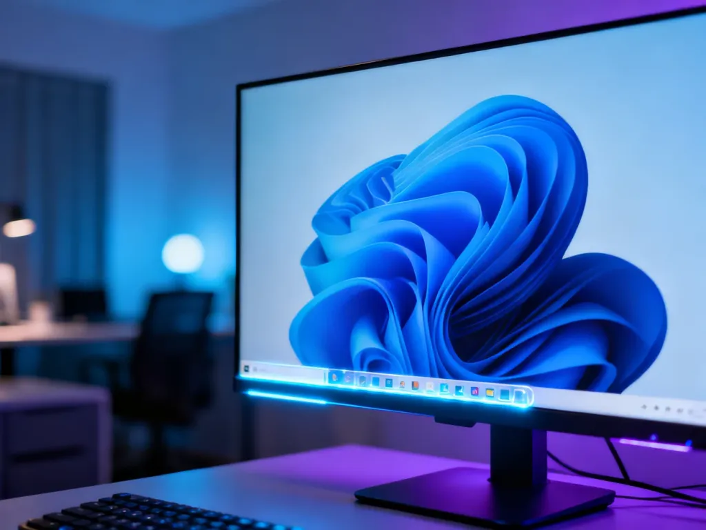 Nowoczesny pulpit Windows 11 z przezroczystym paskiem zadań, który płynnie wtapia się w kolorową tapetę.